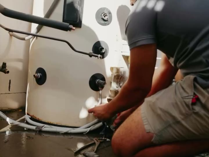 Plumber at a leaking hot water tank